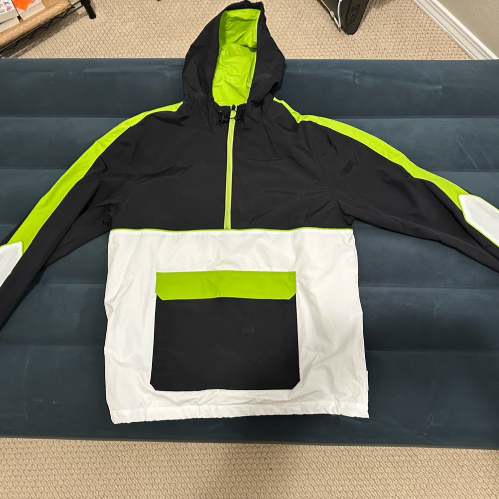 Hooded Wind Breaker Jacket: NinthHall- Size Large- Black/white/Green